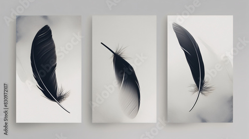 The painting in three panels shows feathers on a white background.