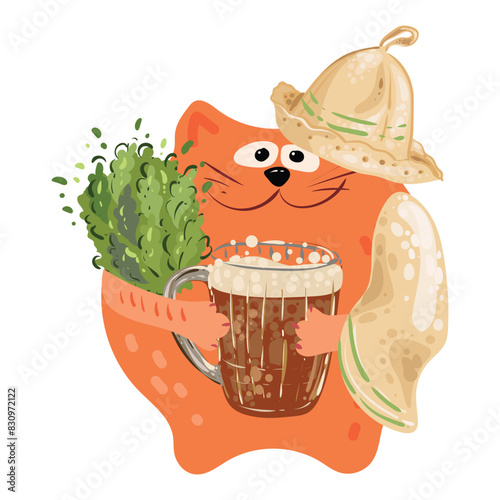 A cute cat in a bath towel and a bath cap holds beer or a carbonated drink and a broom for the sauna in his paws. Vector isolated image for a congratulation, postcard, design on a T-shirt or applique