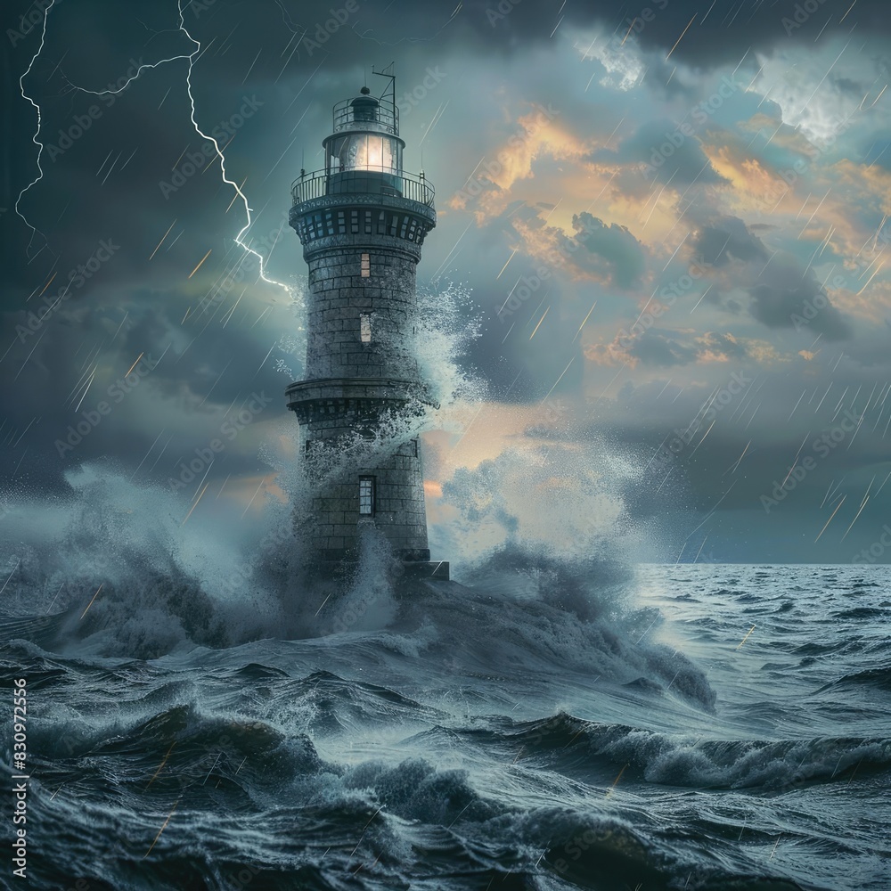 A solitary lighthouse stands resilient amidst a fierce storm, with lightning striking and waves crashing against the structure.