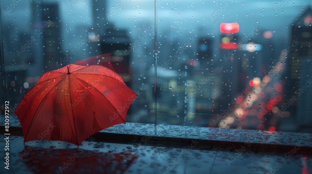 A red umbrella is sitting on a window sill in the rain