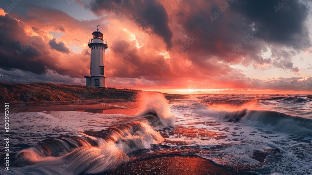Majestic lighthouse standing tall against a dramatic sunset sky and turbulent ocean waves, creating a breathtaking coastal scene.