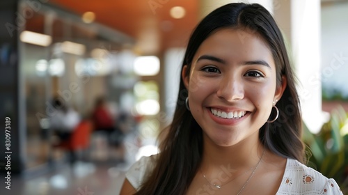 Young smiling latin girl college student or teacher looking at camera standing in university campus Happy hispanic millennial woman professional posing in modern coworking creative off : Generative AI