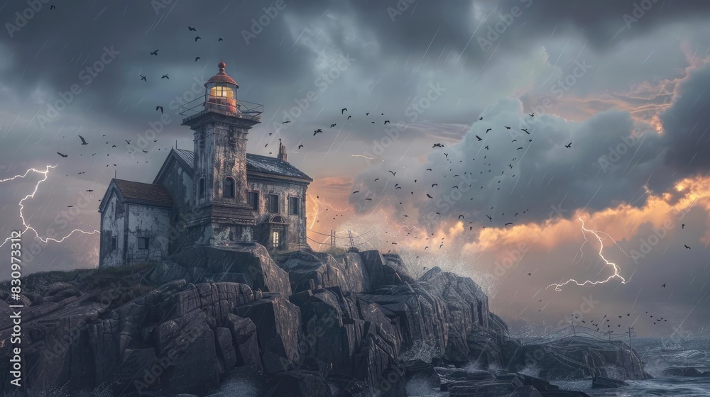 Fototapeta premium Dramatic coastal lighthouse during a thunderstorm, illuminated against a stormy sky with lightning and a flurry of birds in flight.