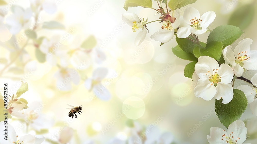 Obraz premium A flying bee pollinates white flowers of the apple blossoms in Spring Blurred nature background : Generative AI