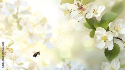 A flying bee pollinates white flowers of the apple blossoms in Spring Blurred nature background   Generative AI