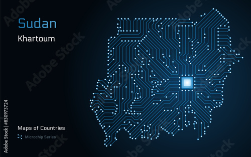 Sudan Map with a capital of Khartoum Shown in a Microchip Pattern with processor. E-government. World Countries vector maps. Microchip Series	 photo