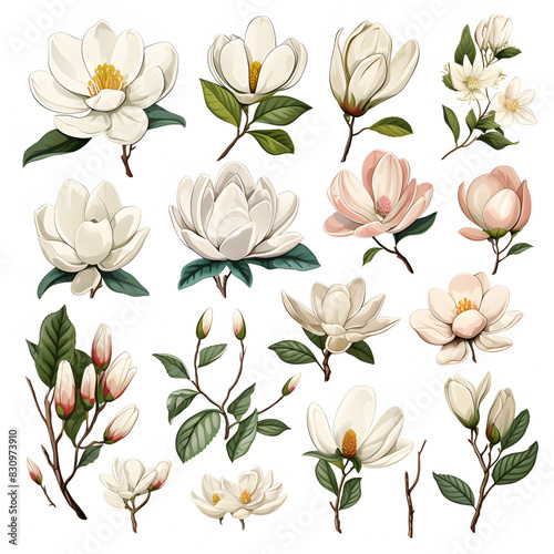 set of Magnolia, plants, leaves and flowers. illustrations of beautiful realistic flowers for background, pattern or wedding invitations