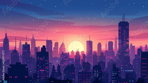 Stunning digital illustration of a vibrant city skyline at sunset with a beautiful gradient sky and twinkling lights.