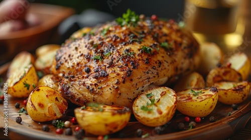 Close-up of a succulently roasted chicken with crispy skin alongside roasted potatoes on a plate photo