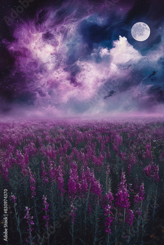 A vast field of purple flowers. The sky is painted with a mesmerizing blend of purples, blues, and whites, resembling a cosmic nebula or galaxy. A large, luminous moon is visible in the sky, casting a