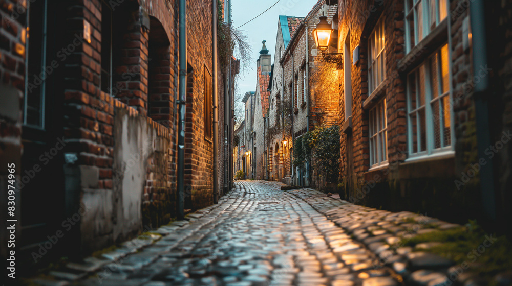 Fototapeta premium Narrow cobblestone alley at dusk
