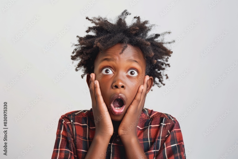 Young boy with surprised expression, hands on cheeks, wide eyes, and open mouth, wearing plaid shirt. Shocked. Exasperated. Young boy with surprised expression, hands on cheeks, wide eyes, and open mouth, wearing plaid shirt. Shocked. Exasperated.