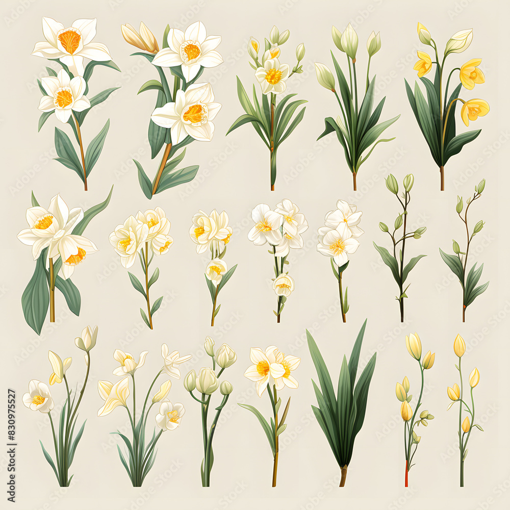 set of Narcissus, plants, leaves and flowers. illustrations of beautiful realistic flowers for background, pattern or wedding invitations set of Narcissus, plants, leaves and flowers. illustrations of beautiful realistic flowers for background, pattern or wedding invitations