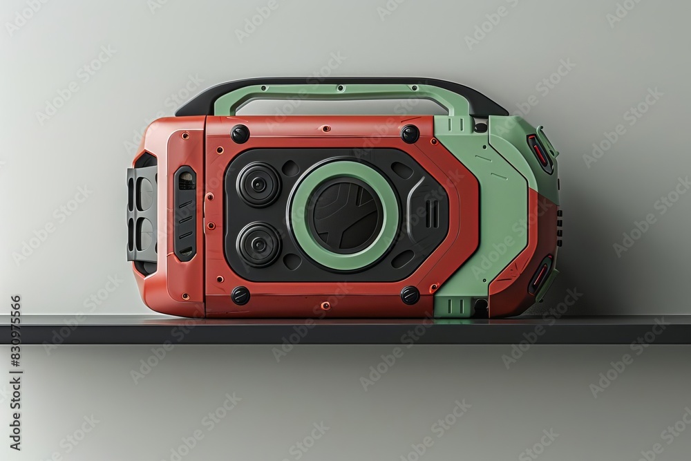 Fototapeta premium Red and green rugged portable radio on shelf