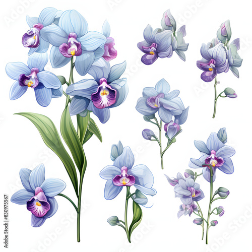 set of Peacock Orchid, plants, leaves and flowers. illustrations of beautiful realistic flowers for background, pattern or wedding invitations