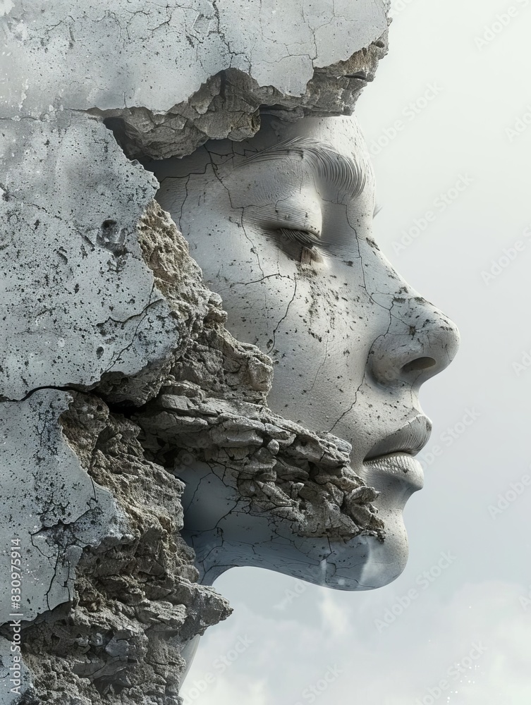 Abstract portrait of a woman's face emerging from a cracked stone wall.