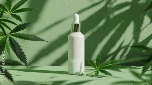 Background for a cosmetic serum product presentation with cannabis leaf silhouettes in the background.