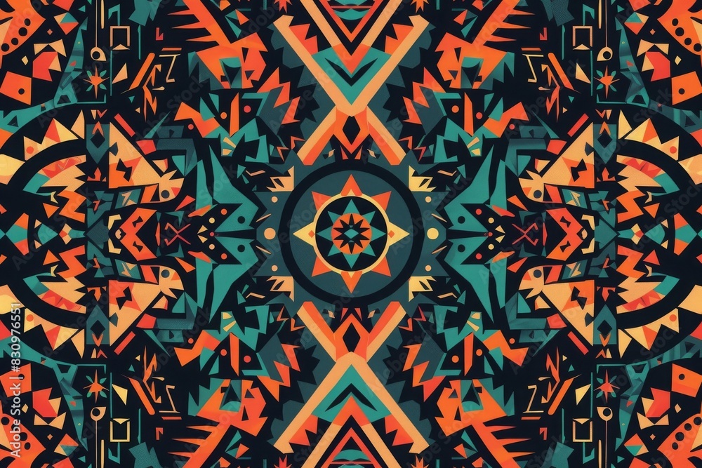 Vibrant geometric pattern with bold colors and intricate tribal designs, perfect for backgrounds, textiles, and creative projects.