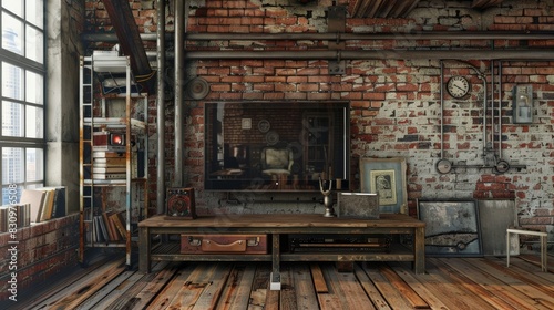 A room with a brick wall and a wooden table photo