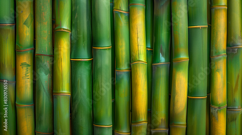 A row of green and yellow bamboo stalks. The green bamboo is the dominant color  but the yellow bamboo adds a pop of color  contrast. Concept of nature and tranquility. a close up of a bamboo backdrop