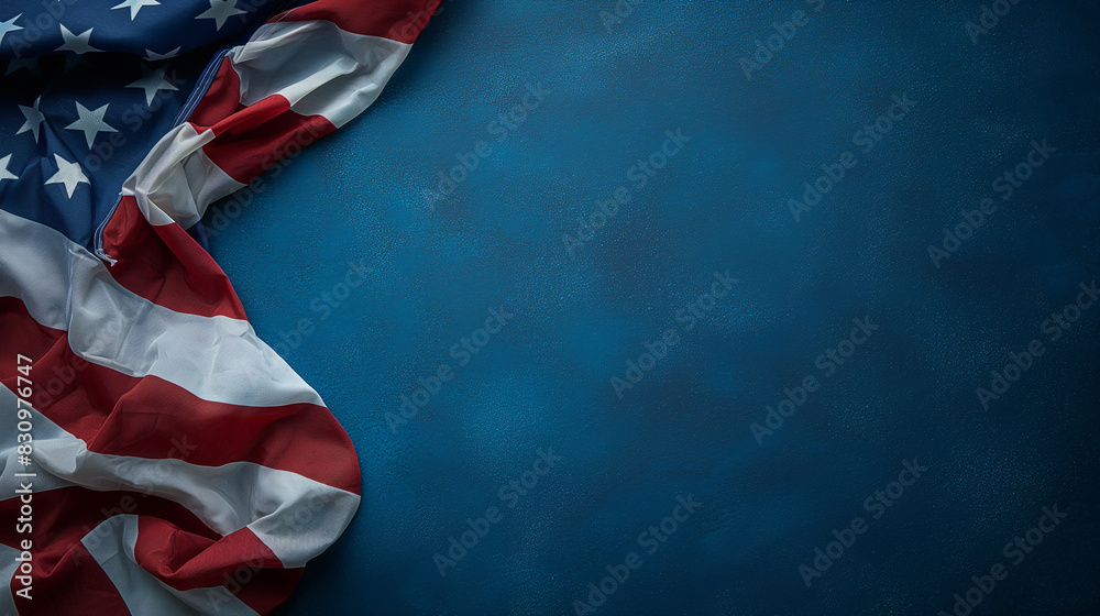 Folded American Flag Half Shown from a Corner on Blue Background, Memorial Day Folded American Flag Half Shown from a Corner on Blue Background, Memorial Day