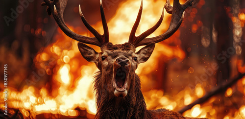 A deer bawling with fire in the background