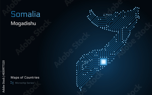 Somalia Map with a capital of Mogadishu Shown in a Microchip Pattern with processor. E-government. World Countries vector maps. Microchip Series	