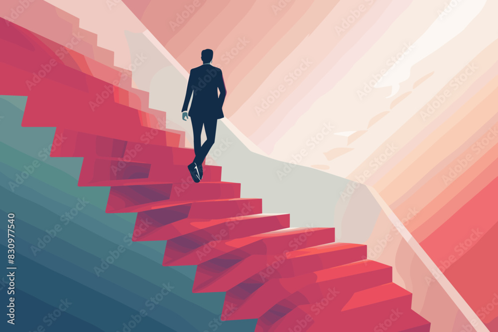  Smart businessman climbing stairway with special shortcut to success, concept of career growth and achieving business targets quickly.