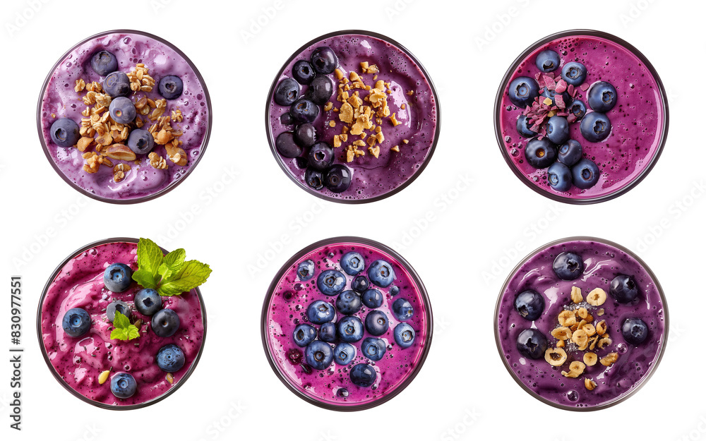 Collection glass of tasty blueberry smoothie or milkshake with topping isolated on a transparent background, top view, PNG Collection glass of tasty blueberry smoothie or milkshake with topping isolated on a transparent background, top view, PNG