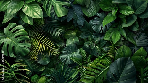 A lush green jungle with many different types of leaves and plants
