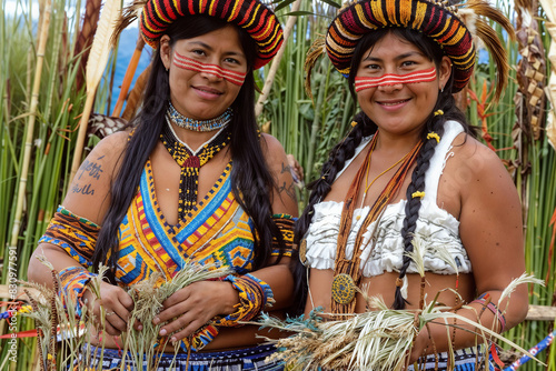 Two Ecuadorian women wearing native American traditional attire stand next to each other.