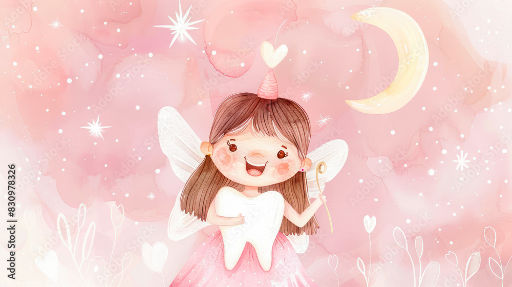 Cute Little Tooth Fairy with First Baby Tooth and Wand on pink background, watercolor Illustration. Happy Tooth Fairy day card. Concept of dental treatment and oral hygiene. cartoon fairy with tooth Cute Little Tooth Fairy with First Baby Tooth and Wand on pink background, watercolor Illustration. Happy Tooth Fairy day card. Concept of dental treatment and oral hygiene. cartoon fairy with tooth