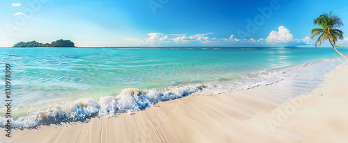 Schöne Palme am tropischen Inselstrand vor blauem Himmel mit weißen Wolken und türkisfarbenem Ozean an einem sonnigen Tag. Perfekte natürliche Landschaft für den Sommerurlaub, tropisch, strand, palme photo