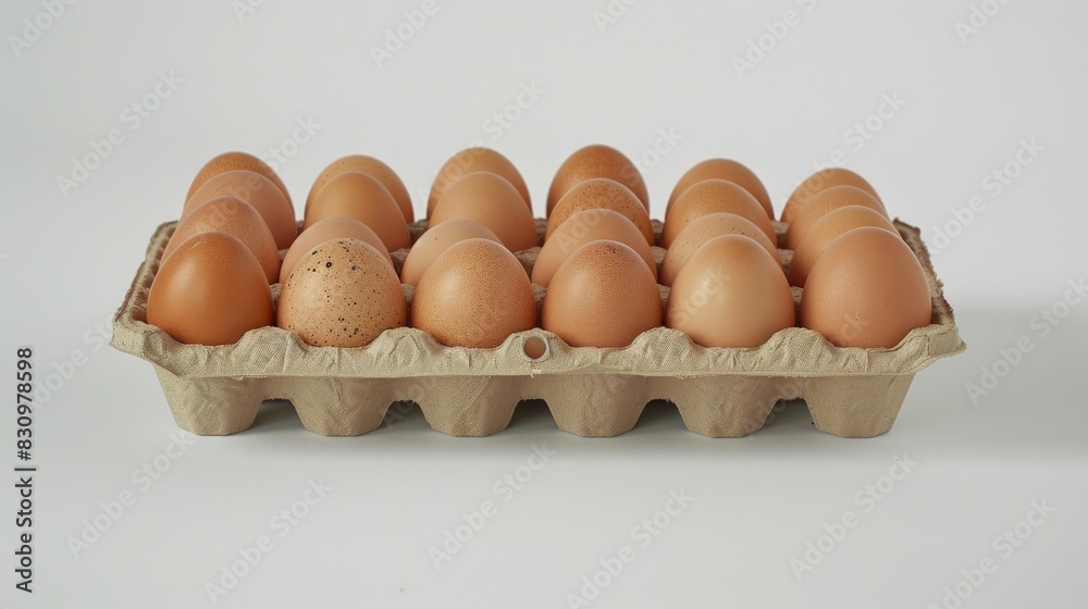 Fresh hen s eggs in an eco friendly paper tray and their role as a key ingredient in cooking and baking displayed against a white backdrop Fresh hen s eggs in an eco friendly paper tray and their role as a key ingredient in cooking and baking displayed against a white backdrop