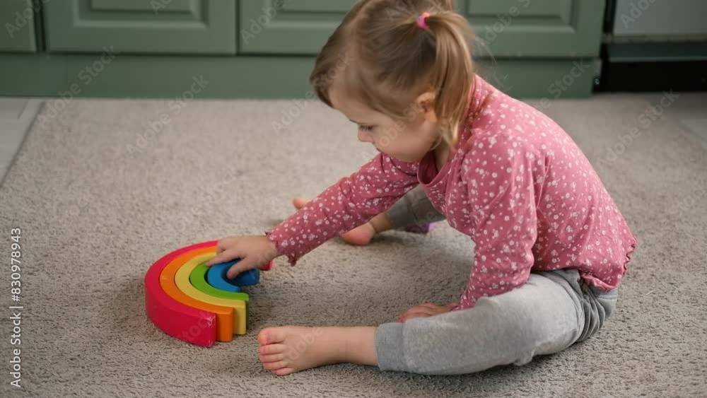 Kid girl play toys at home, kindergarten or nursery. Baby child playing playthings cubes and wood puzzle, pyramid sitting on the floor. Happy preschool education indoor. 3 years old little toddler.