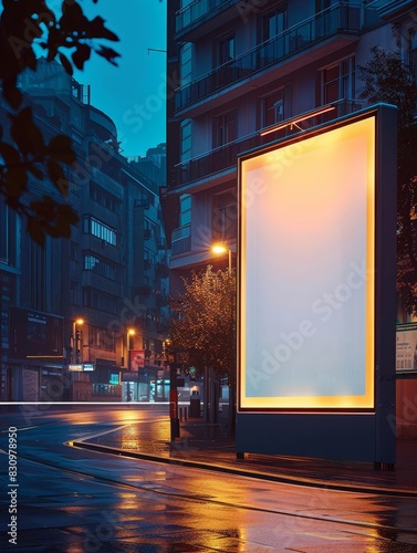 Blank billboard on a city street at night with glowing edges