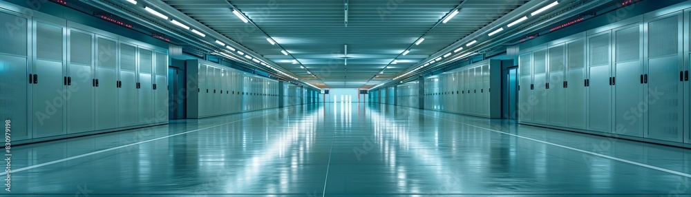 Empty, futuristic hallway with blue walls and reflective floor. Empty, futuristic hallway with blue walls and reflective floor.
