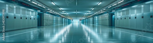 Empty  futuristic hallway with blue walls and reflective floor.