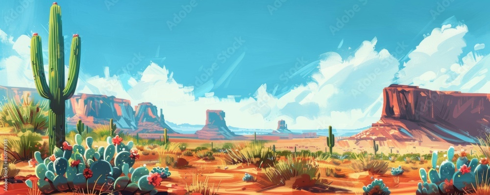 Colorful desert with cacti blue sky and distant mesa