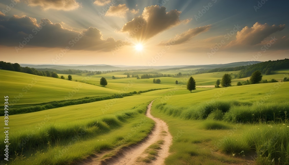 Golden Glow: Lush Green Meadow Illuminated by Sun Rays Golden Glow: Lush Green Meadow Illuminated by Sun Rays