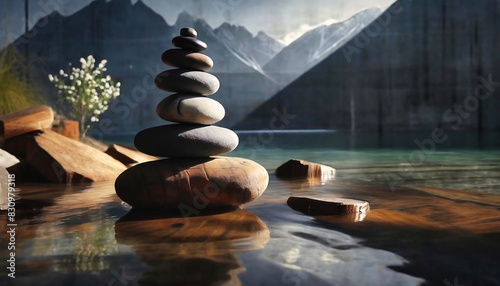 Fantasy illustration of A stack of zen stones in the water with mountain landspace photo