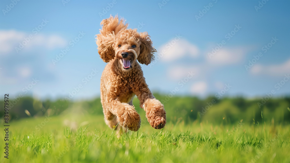 Fototapeta premium プードルが広い芝生を優雅に駆け抜ける