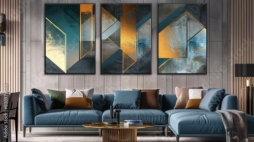 Canvas artwork with three panels. Golden and blue geometric canvases are the focal point of the artwork. photo