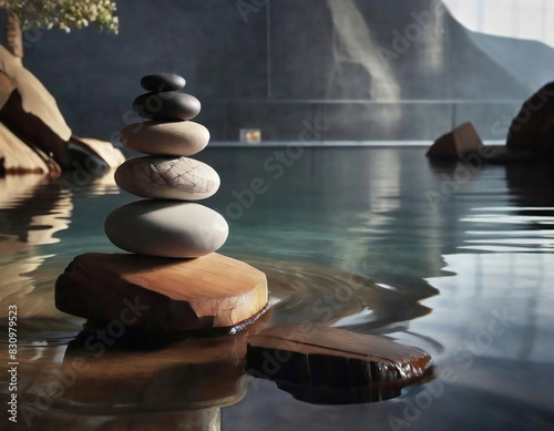 Fantasy illustration of a stack of zen stones in the water with mountain landspace photo