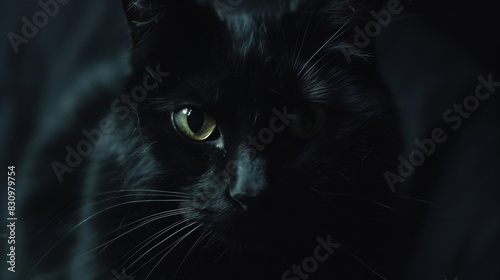 Close-up Portrait of Beautiful Black Cat with yellow Eyes photo