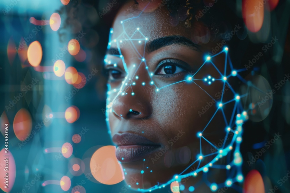 Close-up of a woman's face illuminated by advanced facial recognition technology, symbolizing security and future tech Close-up of a woman's face illuminated by advanced facial recognition technology, symbolizing security and future tech