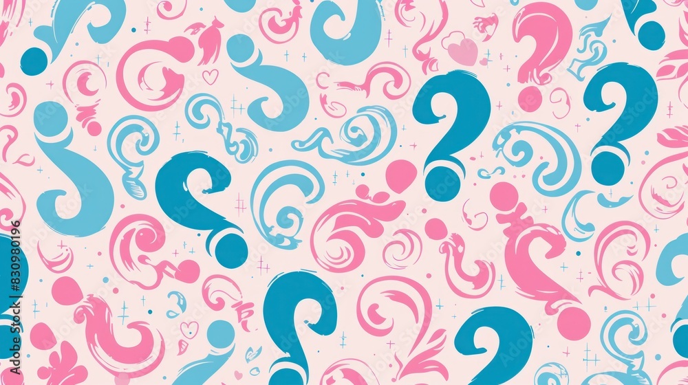 Ornate seamless pattern with pink and blue question marks.

