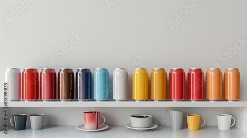 Colorful aluminum cans and mugs on a shelf against a white wall.
