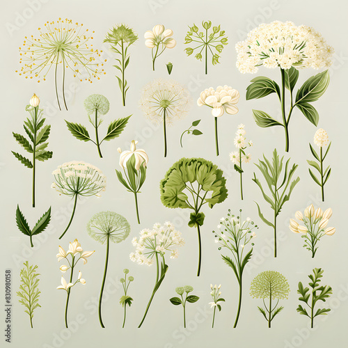set of Queen Anne's Lace, plants, leaves and flowers. illustrations of beautiful realistic flowers for background, pattern or wedding invitations