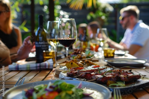 The image captures a blurred dining scene outdoors with focus on a grilled meal and wine, conveying leisure and gastronomy